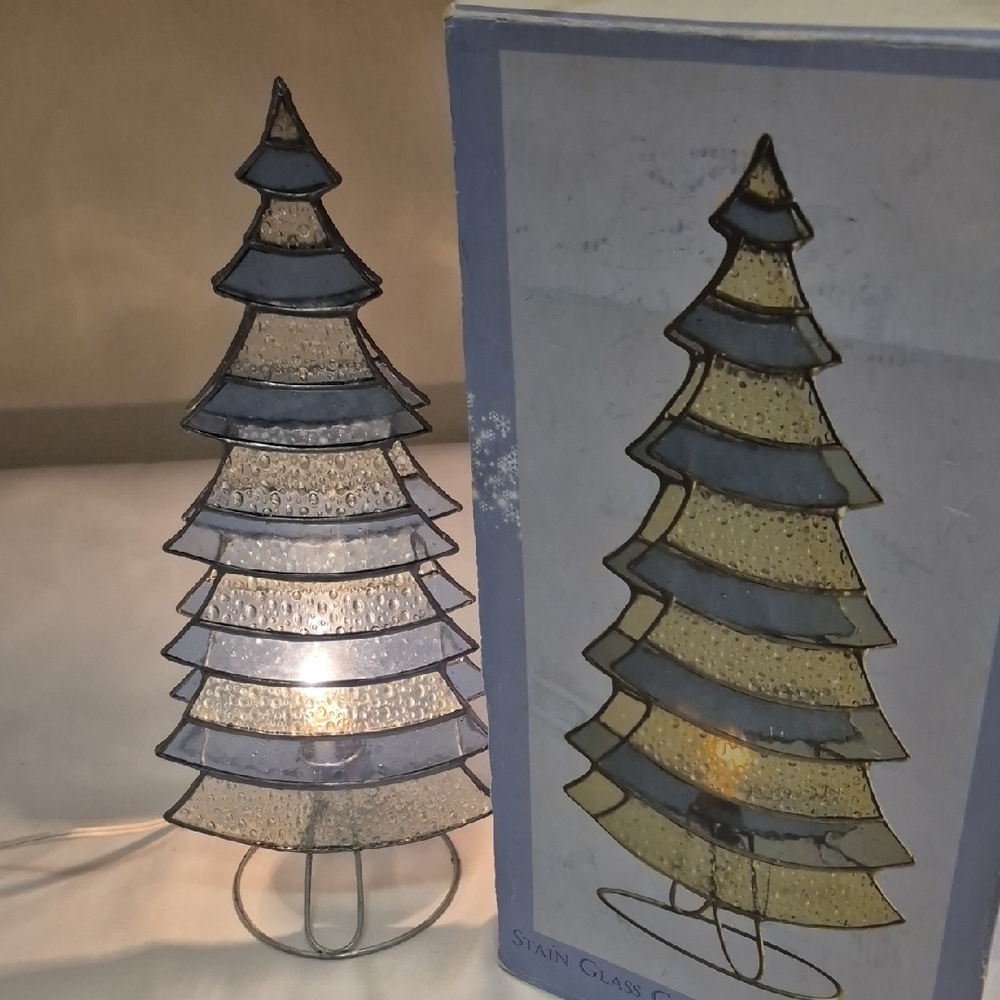 Lighted Stain Glass Christmas Tree Blue & White Light Up